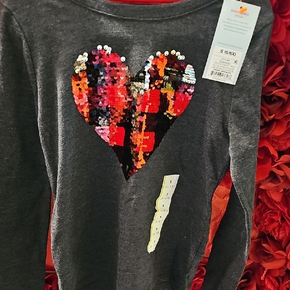Cat & Jack Black Gray Sequin Heart Kids Long Sleeve Top Size 6/6X